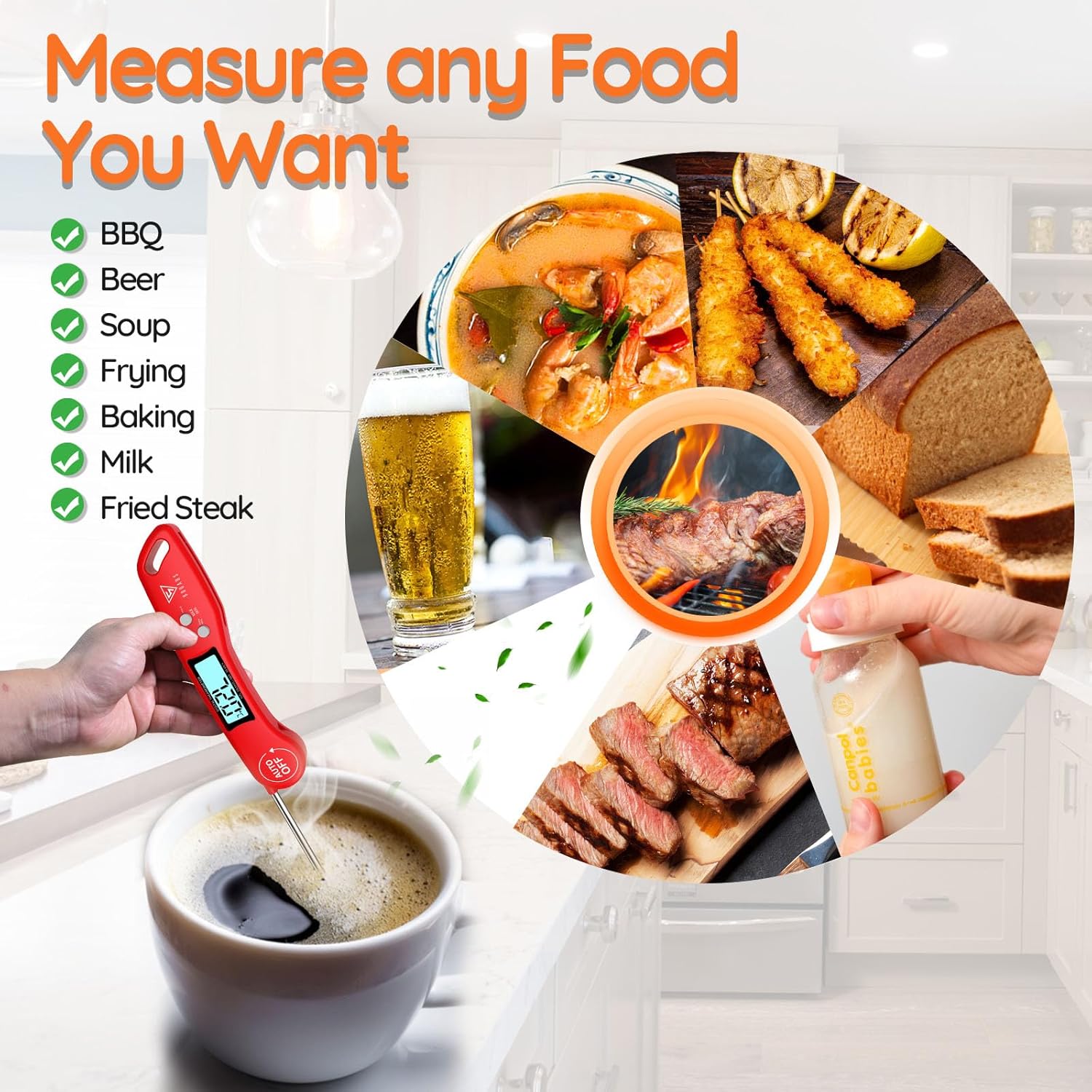 Digital Instant Read Meat Thermometer Red – Ultra-Fast Cooking Probe with Backlit LCD