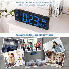 “16'' Digital LED Wall Clock – Remote, Big Digits, Auto-Dimming, 2 Alarms, Temp