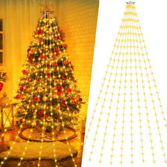 Christmas Tree Lights Indoor & Outdoor with Ring 2.8 m x 10 Lines, 280 LEDs Xmas Tree Lights Indoor for Christmas Tree Decoration IP44 Waterproof, Waterfall Christmas Lights with 8 Modes, Warm White