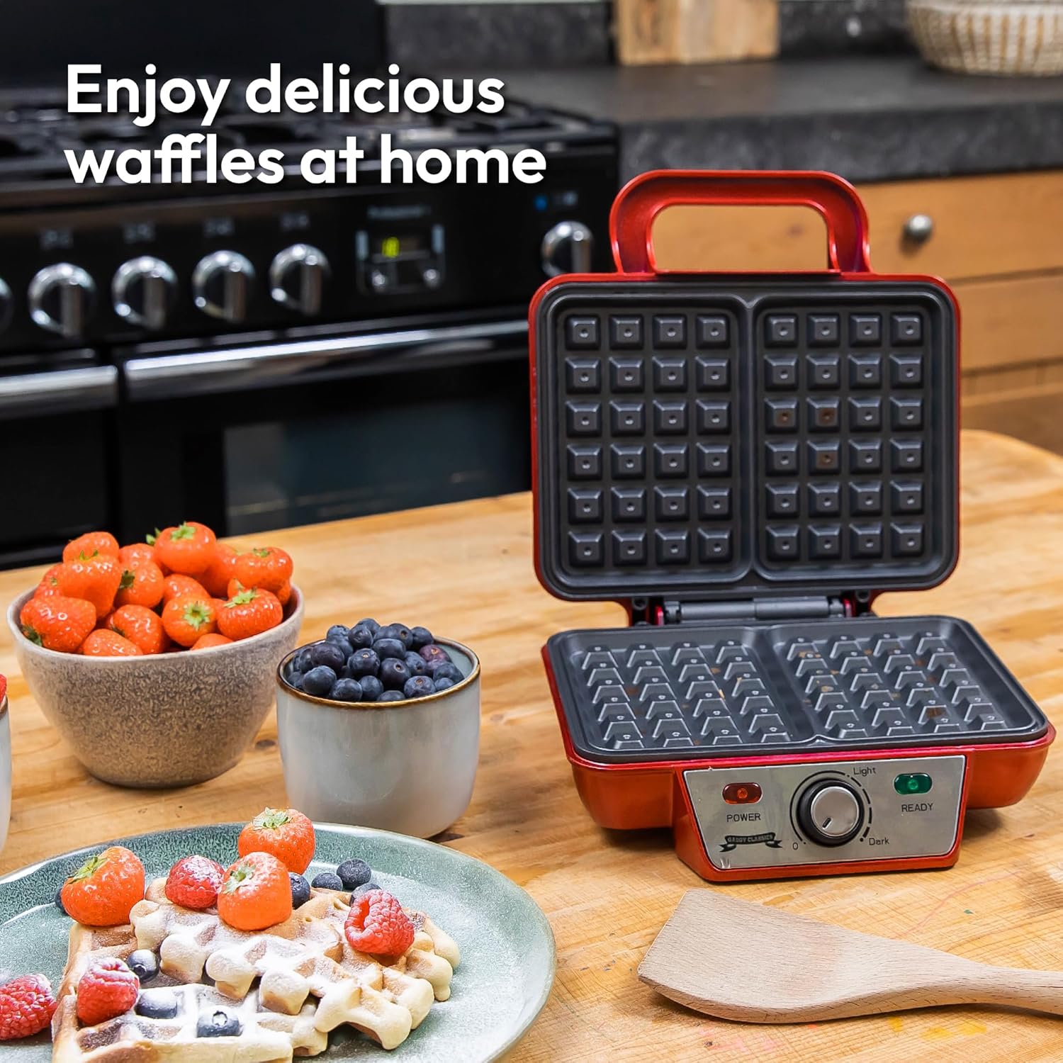 Waffle Maker 1000W – Double Non-Stick Plates, Adjustable Temperature, LED Indicator, Cool-Touch Handle for Breakfast & Desserts