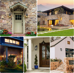 Collage of various house exteriors with stone walls, wooden doors, and garden features.
