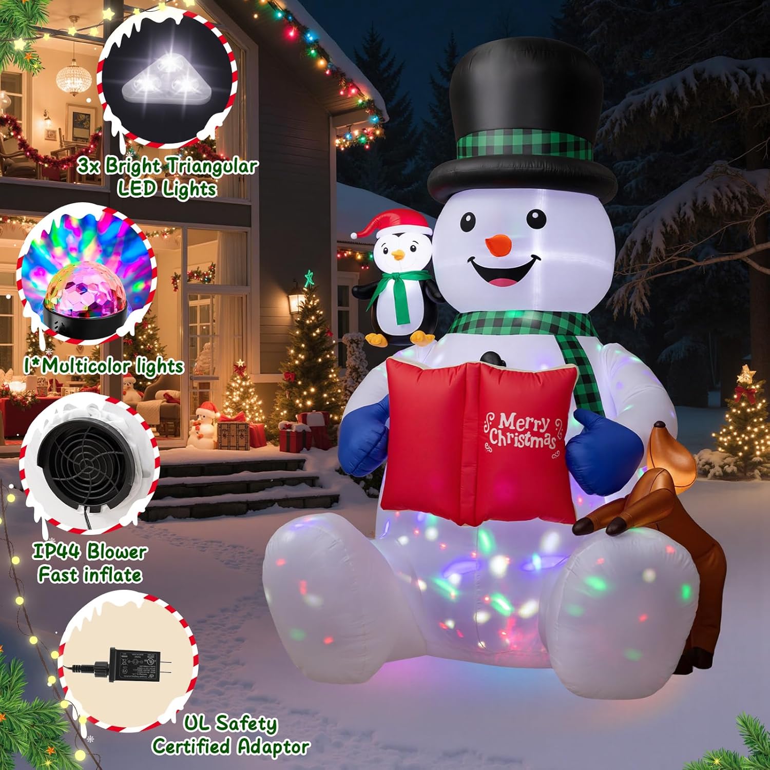 Large inflatable snowman with penguin and elk