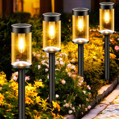 4-Pack Solar Path Lights, Auto On/Off, Waterproof, Warm White Solar Powered Stake Lights for Outdoor Garden, Driveway, Yard, Patio, and Lawn