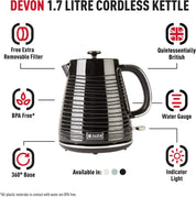 Devon 1.7L Black Electric Kettle – Lightweight, Cordless, Stylish, Fast Boil, Tea & Coffee, Perfect for Small Kitchens