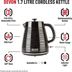 Devon 1.7L Black Electric Kettle – Lightweight, Cordless, Stylish, Fast Boil, Tea & Coffee, Perfect for Small Kitchens