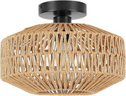Bamboo Rattan Ceiling Light – Handmade Boho Semi-Flush Farmhouse Fixture for Rooms