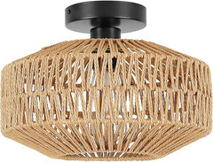 Bamboo Rattan Ceiling Light – Handmade Boho Semi-Flush Farmhouse Fixture for Rooms