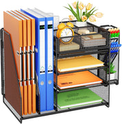 5-Tier Desk Organiser with Drawer & Pen Holders – Mesh File Tray and Magazine Rack, Black