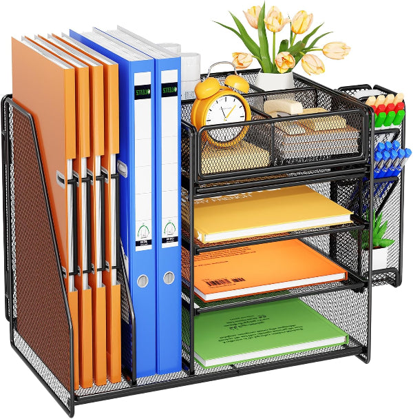 5-Tier Desk Organiser with Drawer & Pen Holders – Mesh File Tray and Magazine Rack, Black