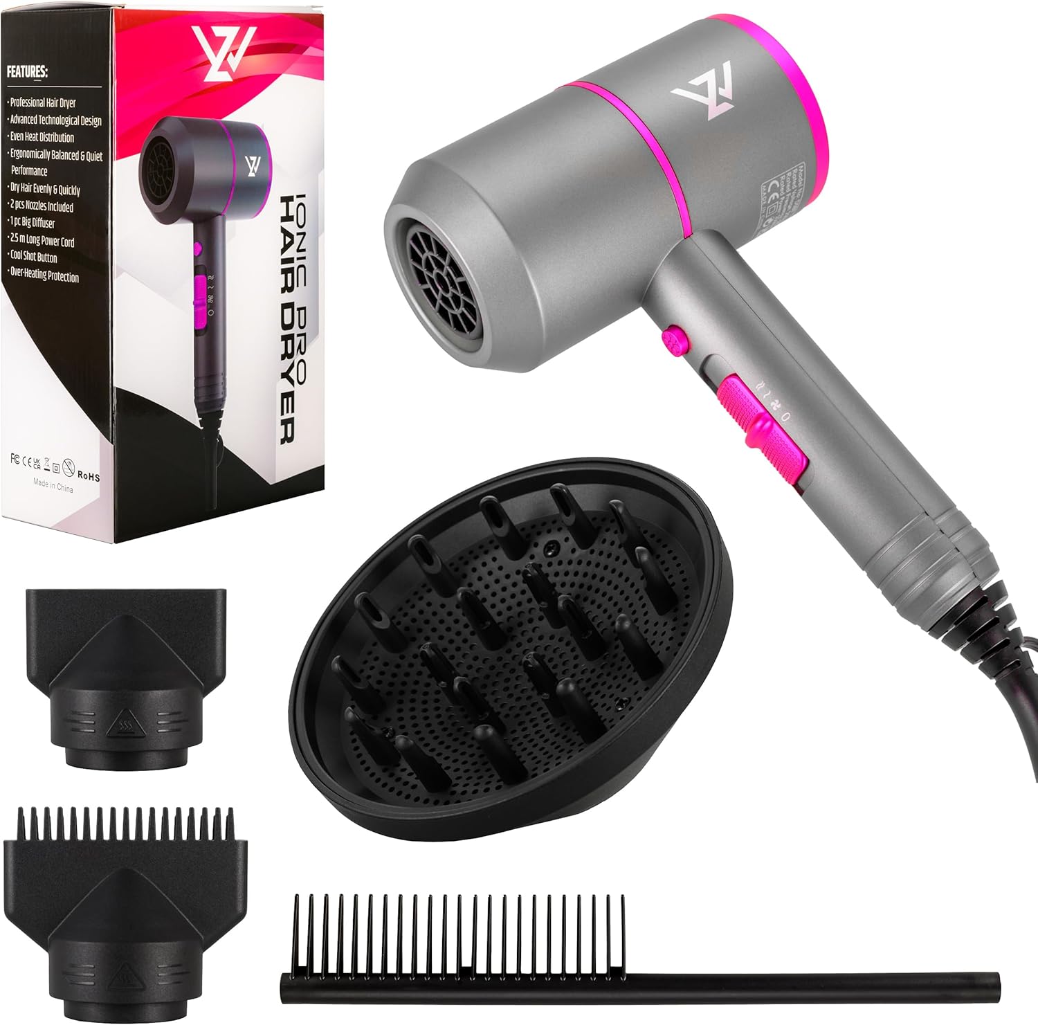 Professional Ionic Hair Dryer 2000W – Fast Drying with Diffuser, 2 Nozzles, 3 Heat & 2 Speed Settings