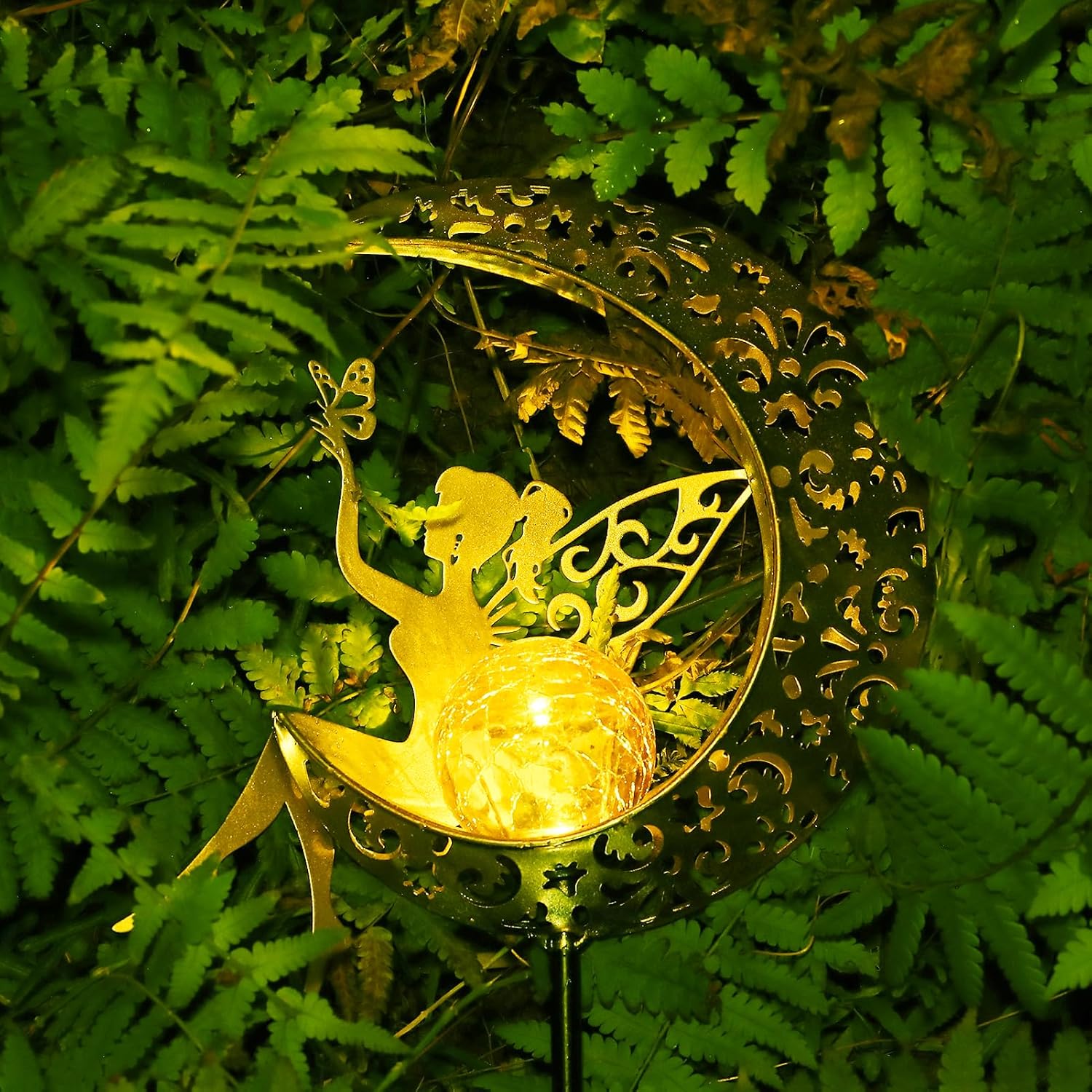 Solar Lights Outdoor Garden Decorations, Moon Fairy Solar Light with Solar Stake Crackle Glass Globe, Waterproof Warm Yellow LED for Pathway, Lawn, Patio, Courtyard