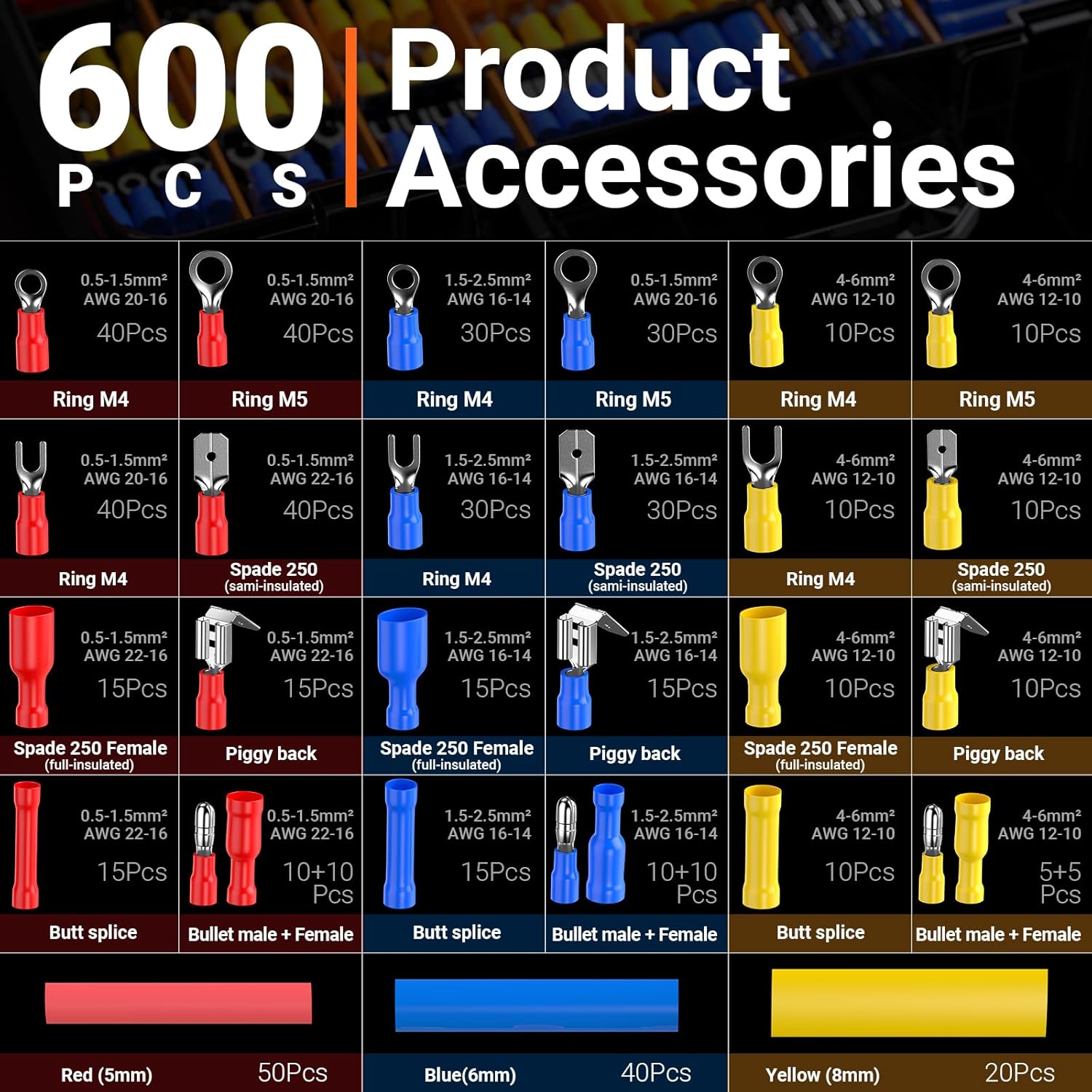 Preciva 600-Piece Professional Crimping Tool Set, Includes Crimper Tool for 0.5-6mm² Wires (AWG 20-10), 490 Insulated Ferrules, 190 Heat Shrink Tubings & 2-Layer Toolbox, for Electrical Maintenance