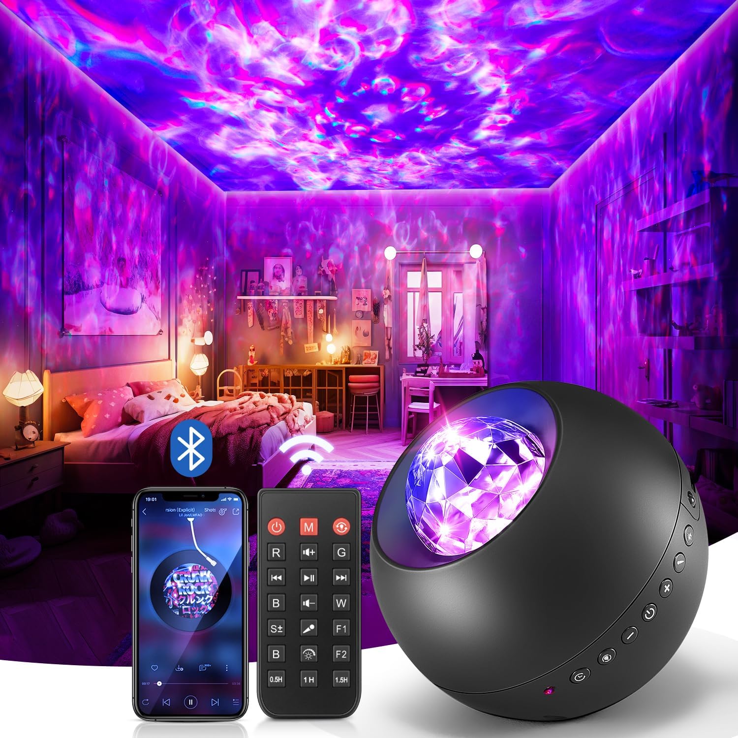 Galaxy Projector, 20 Modes, HiFi Bluetooth Speaker, 15 White Noise Sounds, Remote & Timer, for Bedroom Decor