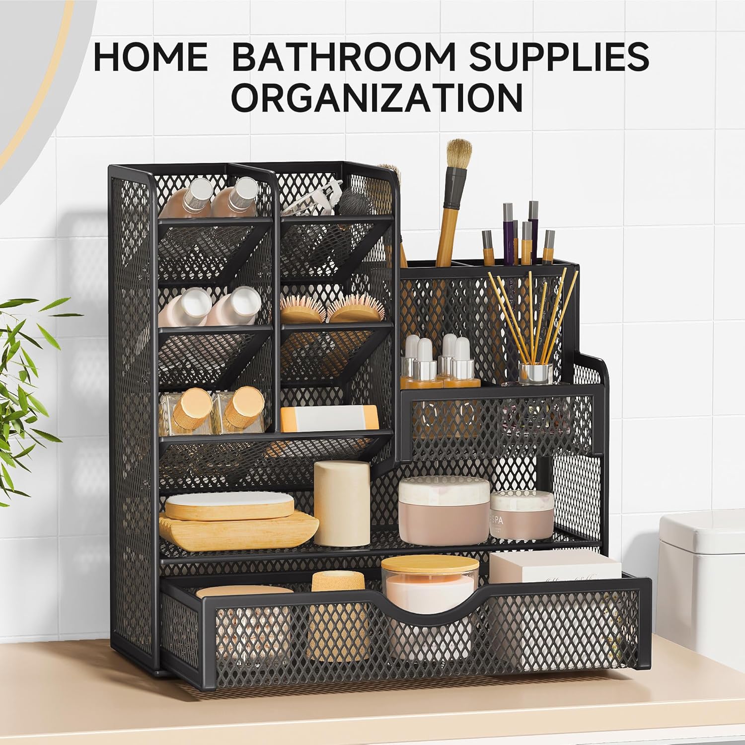 5-Tier Mesh Desk Organizer with Drawers – Metal Office & Makeup Storage, Black