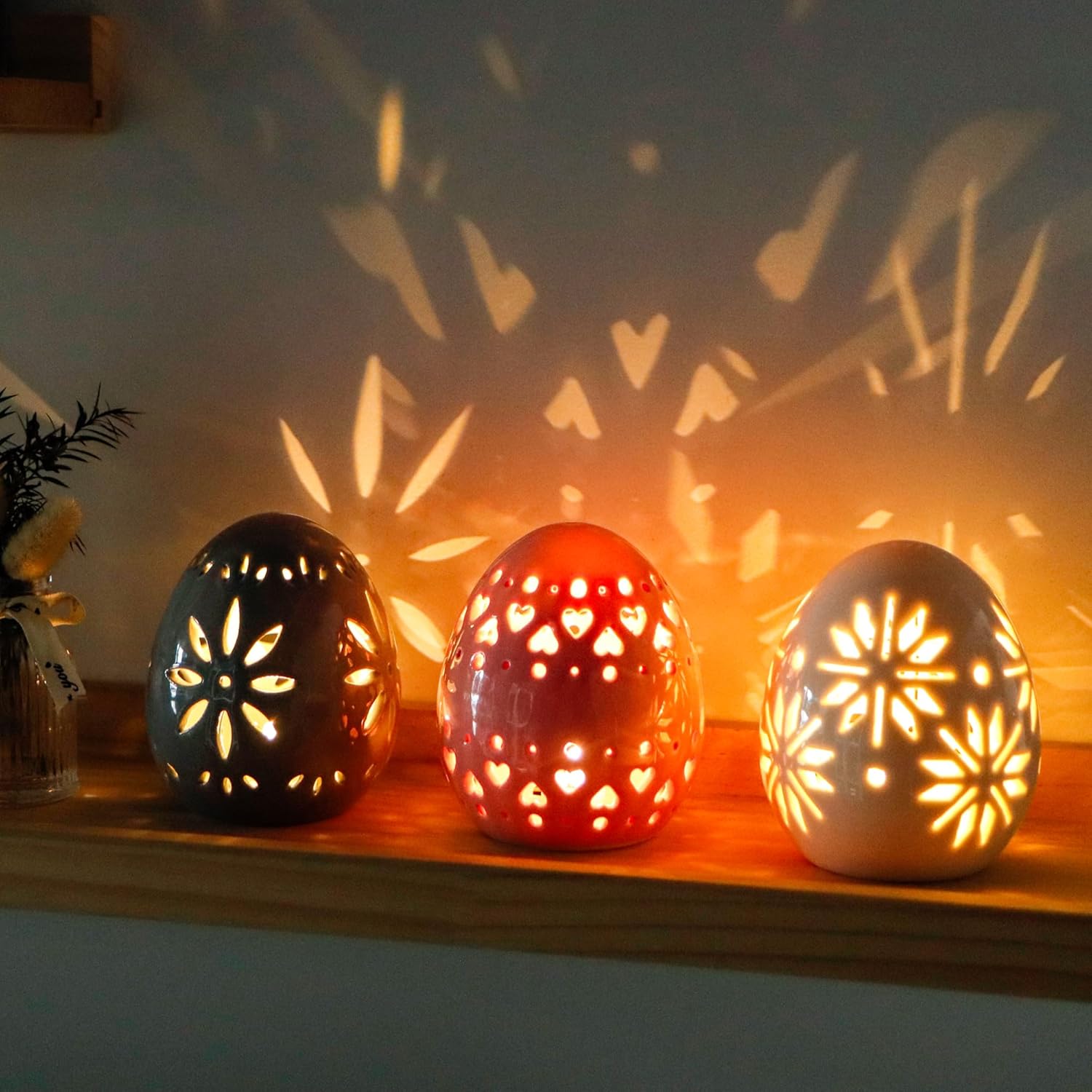 Set of 3 Ceramic Floral Carved Decorative Table Lamps, Battery Powered Cordless Mood Lanterns for Bedroom, Living Room, Weddings & Events (Egg Design)