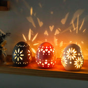 Set of 3 Ceramic Floral Carved Decorative Table Lamps, Battery Powered Cordless Mood Lanterns for Bedroom, Living Room, Weddings & Events (Egg Design)