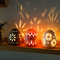 Set of 3 Ceramic Floral Carved Decorative Table Lamps, Battery Powered Cordless Mood Lanterns for Bedroom, Living Room, Weddings & Events (Egg Design)