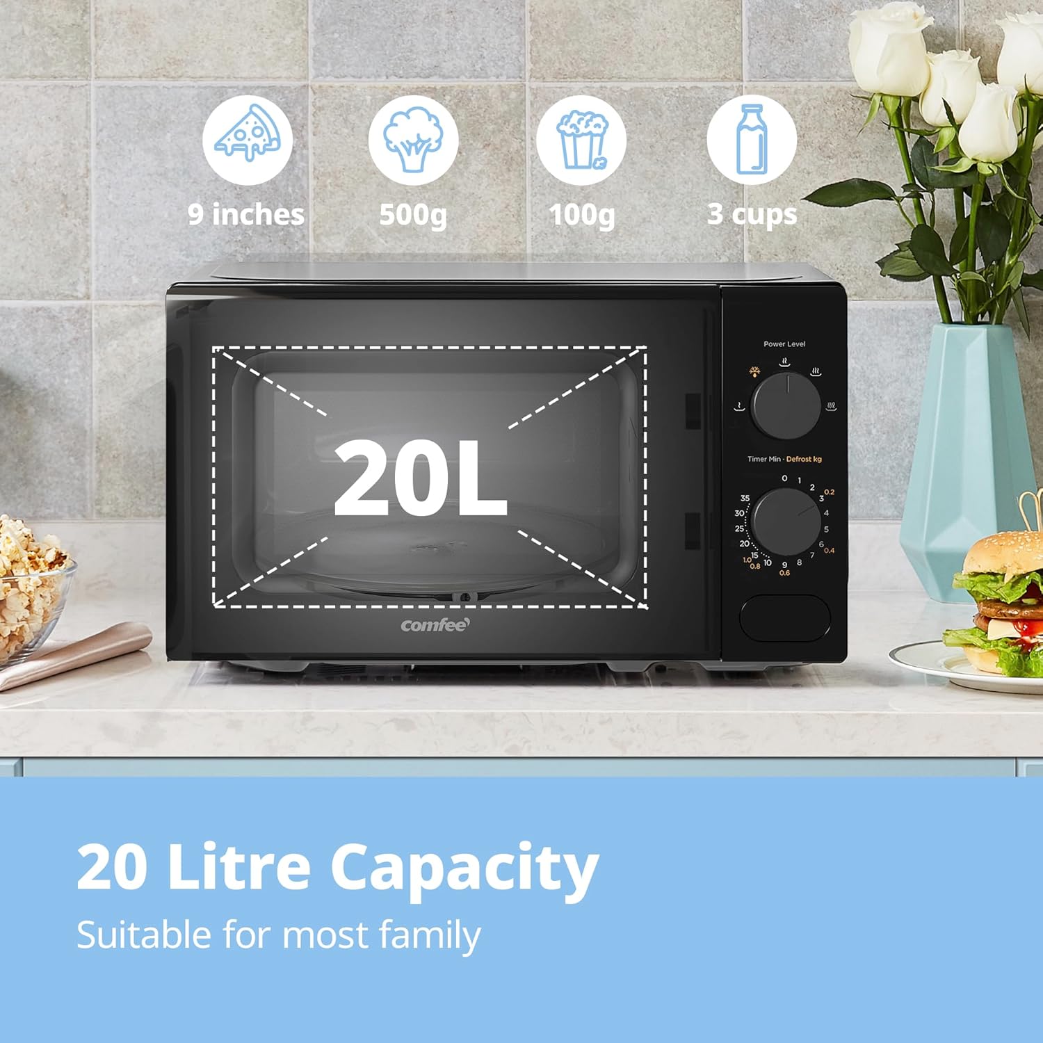 Black 20L Compact Microwave Oven 700W with Manual Control & Defrost
