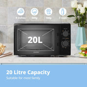 Black 20L Compact Microwave Oven 700W with Manual Control & Defrost