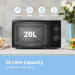 Black 20L Compact Microwave Oven 700W with Manual Control & Defrost