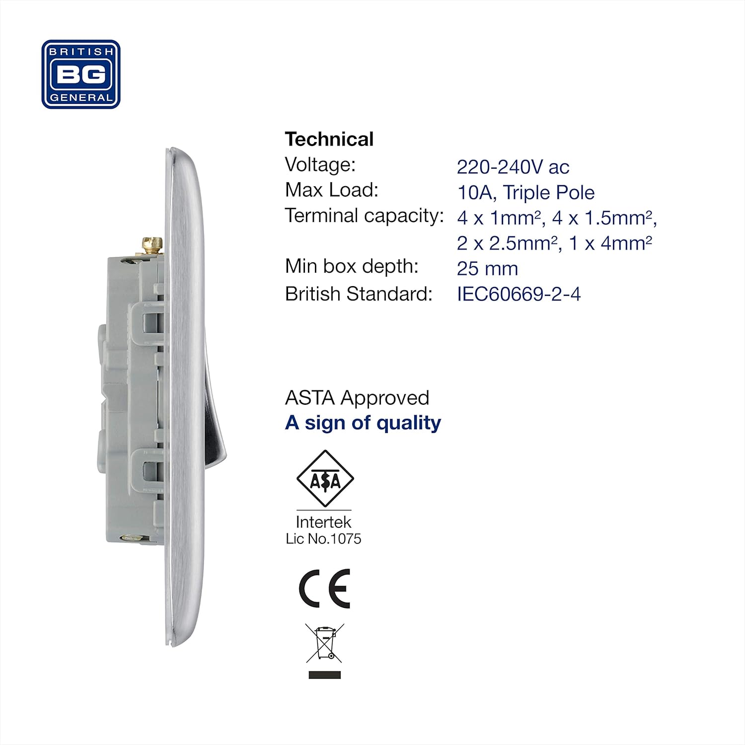 BG Electrical 3-Pole Fan Isolator Switch – Brushed Steel