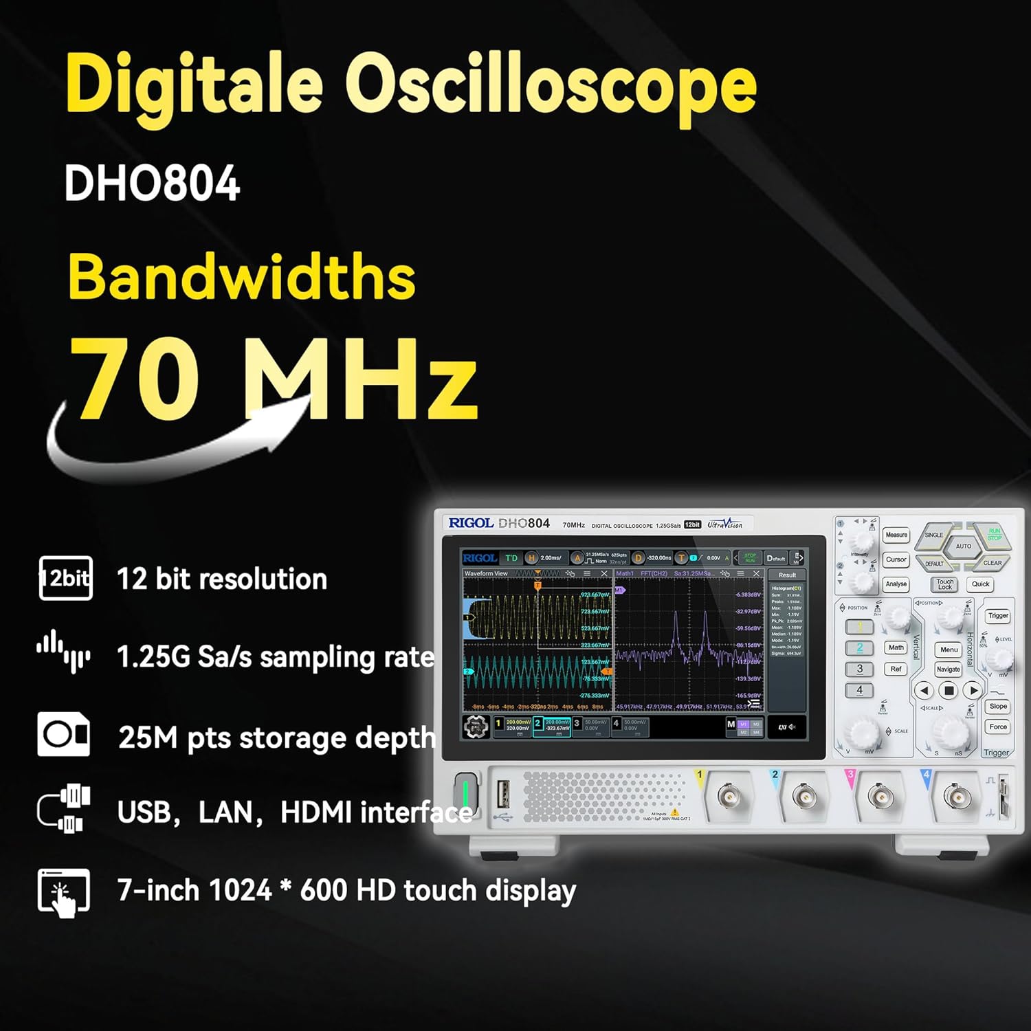 RIGOL DHO802 Portable Digital Oscilloscope, 70MHz Bandwidth, 2 Analogue Channels, 12bit Vertical Resolution, Low Noise Floor, Mobile Power Supply Supportable