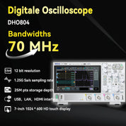 RIGOL DHO802 Portable Digital Oscilloscope, 70MHz Bandwidth, 2 Analogue Channels, 12bit Vertical Resolution, Low Noise Floor, Mobile Power Supply Supportable