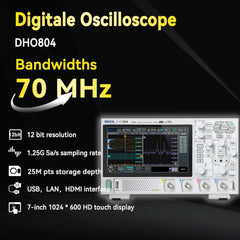 RIGOL DHO804 Portable Digital Oscilloscope, 70MHz Bandwidth, 4 Analogue Channels, 12bit Vertical Resolution, Low Noise Floor, Mobile Power Supply Supportable
