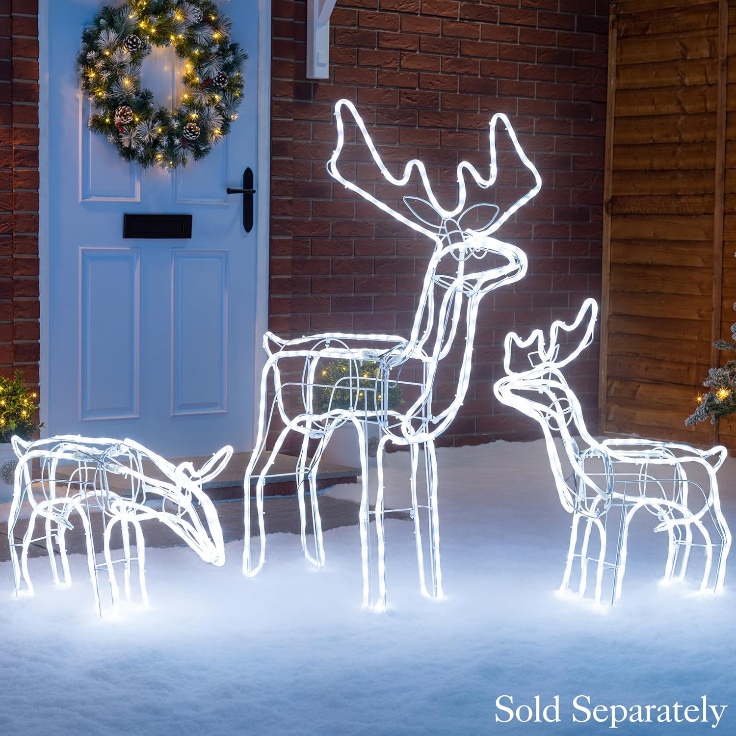 Large freestanding LED reindeer for garden and lawn displays.