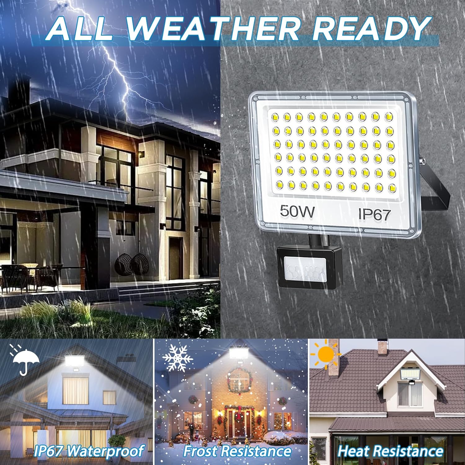 50W Outdoor Security Lights Motion Sensor, 5000LM LED Floodlight IP67