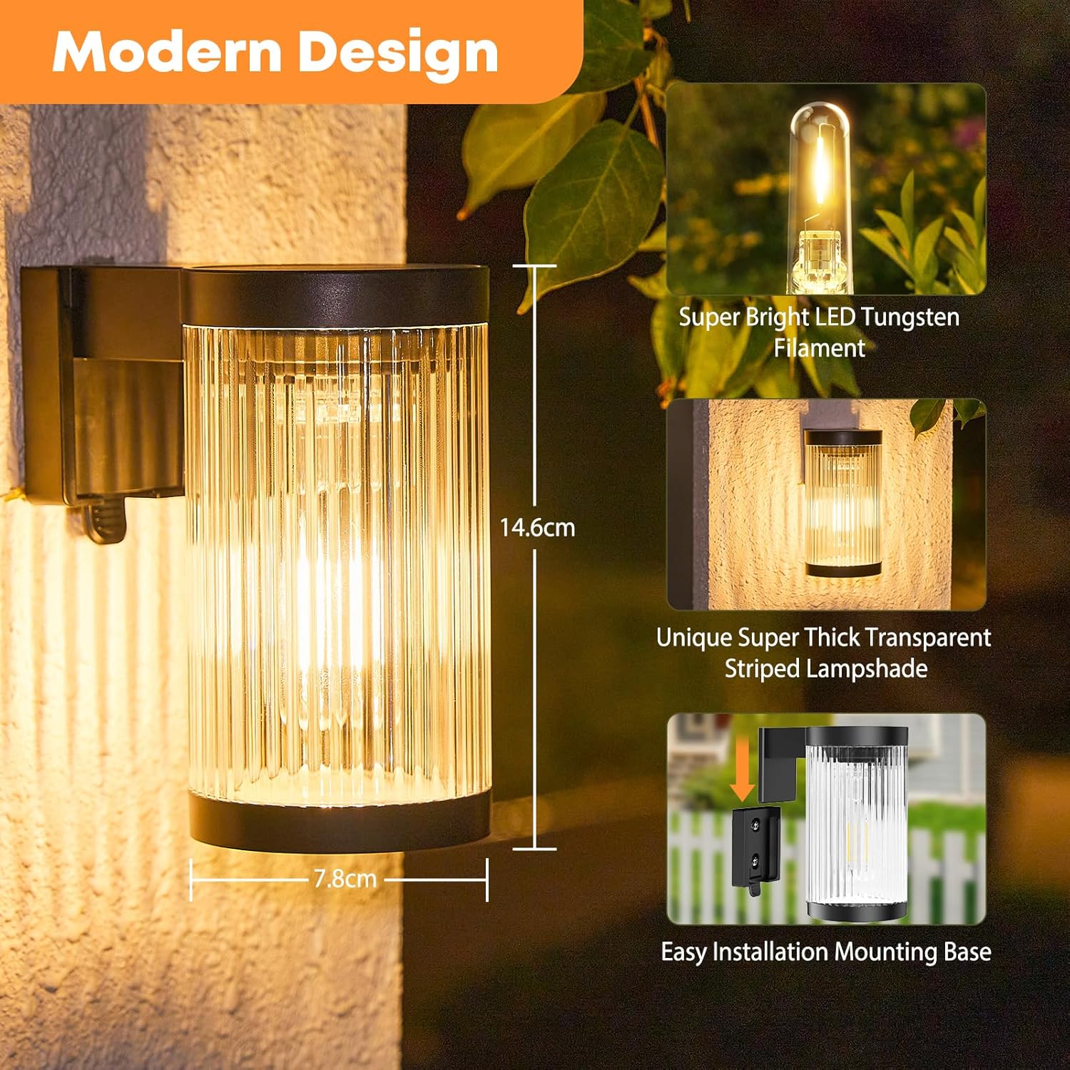 Solar Fence Lights Outdoor Garden 2 Pack – LED Tungsten Filament, Warm White 3000K, Waterproof IP65 Wall Lights for Patio Yard