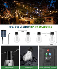 Outdoor,14M/46FT USB&Solar String Lights with Remote, 30LED Shatterproof Bulbs, IP65 Waterproof for Garden, Gazebo Patio Party Wedding Decor