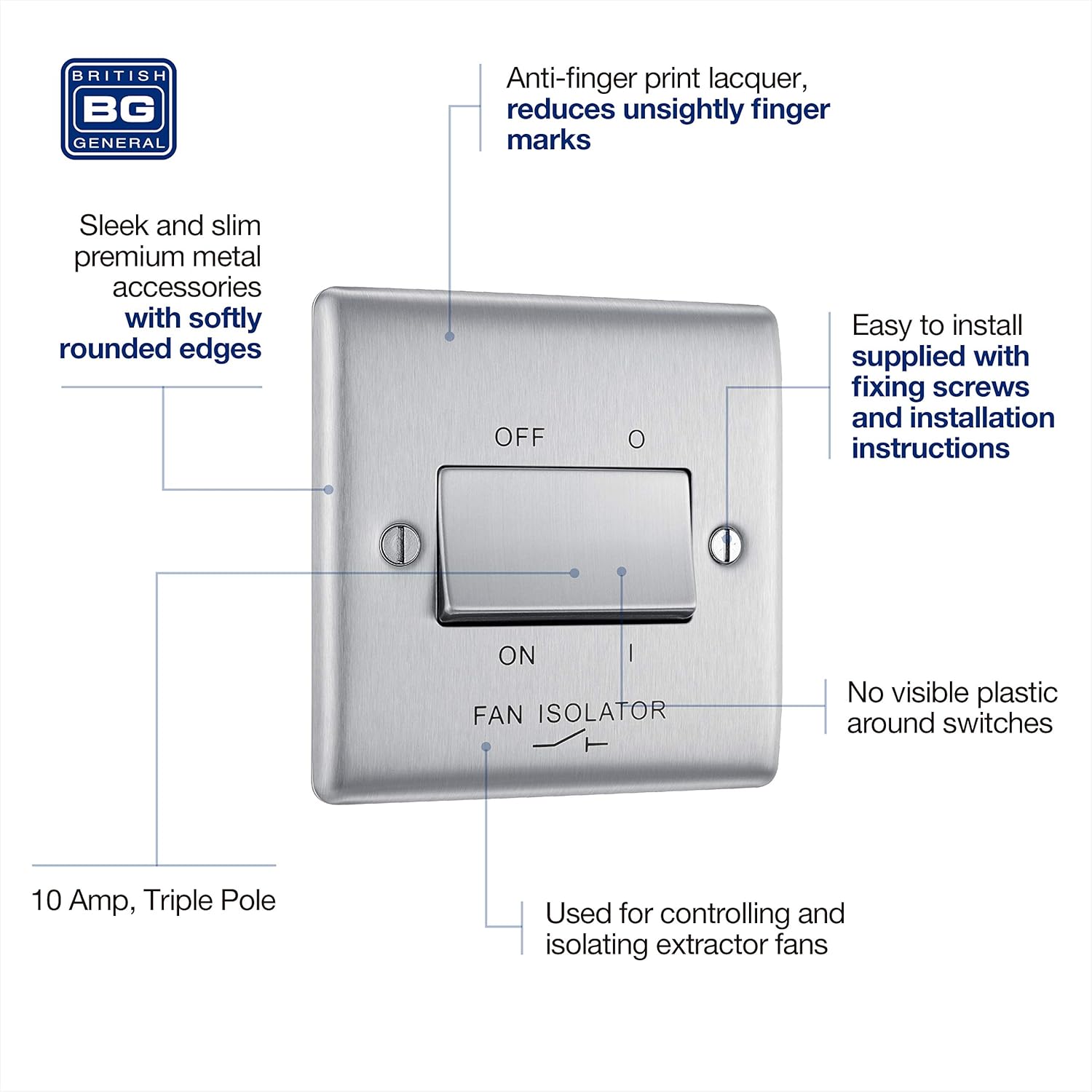 BG Electrical 3-Pole Fan Isolator Switch – Brushed Steel