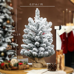 HOMCOM 60cm Prelit Snow Flocked Mini Christmas Tree with LEDs, Pine Cones & Berries