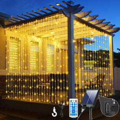 6M X3M 600LED Solar Fairy Curtains String Lights Waterproof with Remote Control & 8 Modes, Solar Panel and Tpye C Powered for Gazebo Patio Party Festival Outdoor Decorations