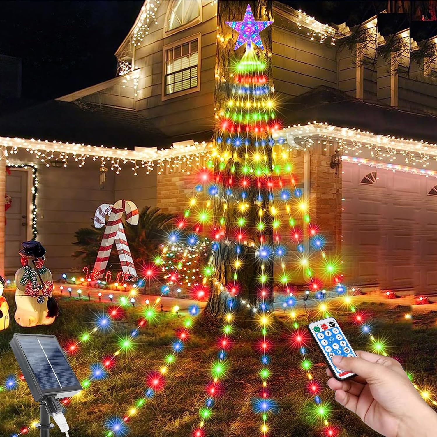 Solar Waterfall Fairy String Lights—6.6 ft, 9 Strands with 198 LEDs and Topper Star, 8 Modes, Waterproof, with Remote for Outdoor Christmas Tree and Garden Décor