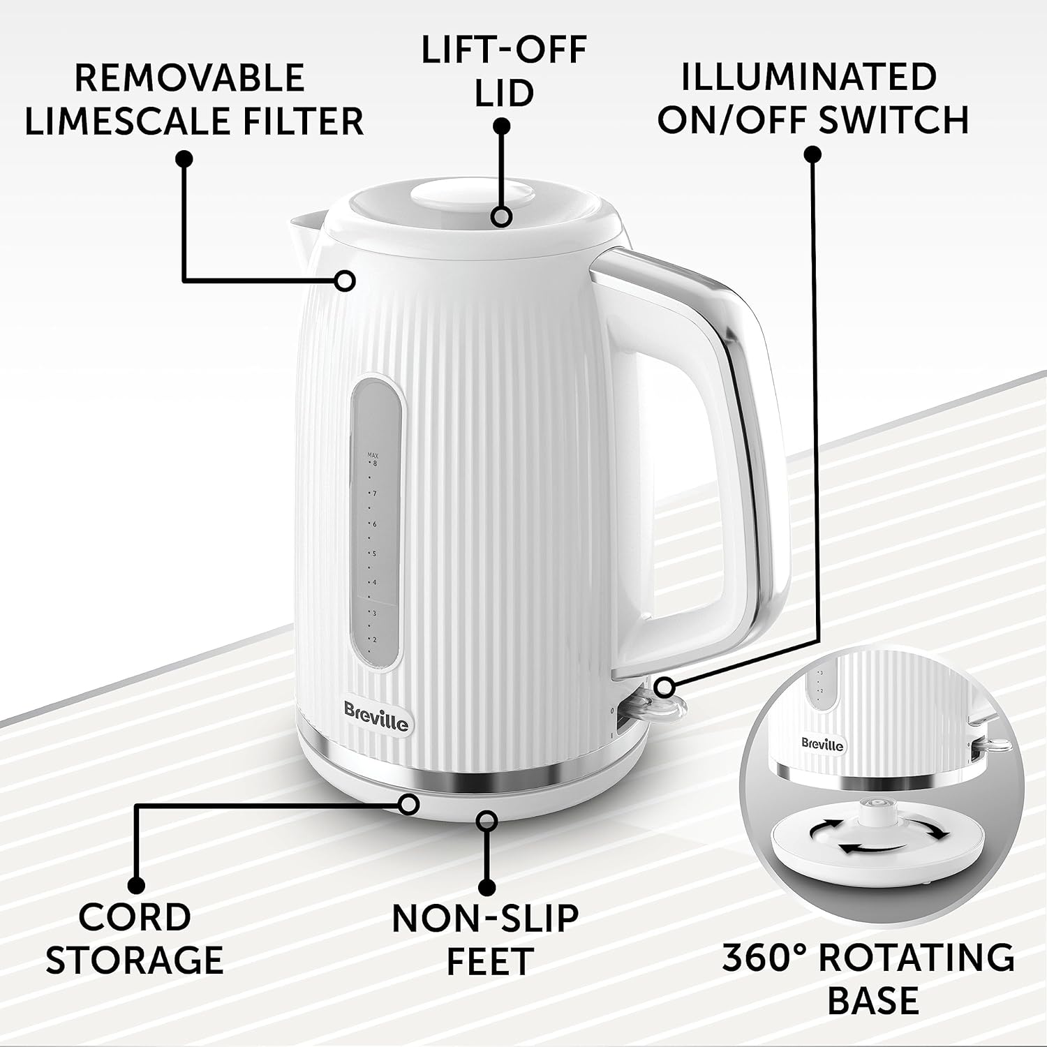 Bold White Electric Kettle – 1.7L Capacity, 3kW Fast Boil, Gloss Textured Design with Chrome Accents, Easy Clean & Cord Storage