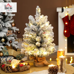 HOMCOM 60cm Prelit Snow Flocked Mini Christmas Tree with LEDs, Pine Cones & Berries