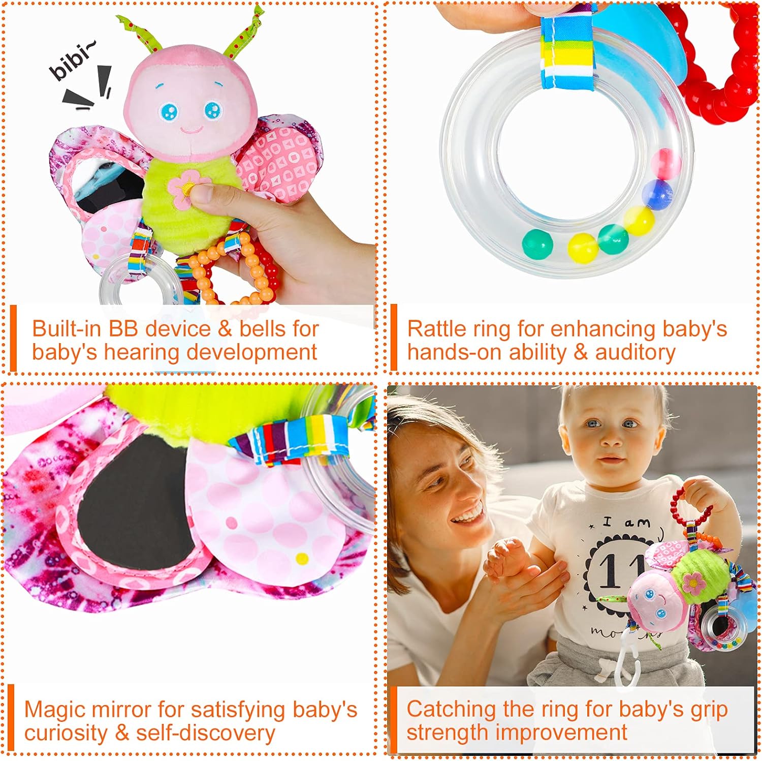 Funsland Pram Toys 0–12M, Clip-On Stroller Car Seat Rattle, Baby Sensory Plush