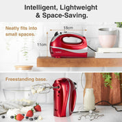 VonShef Hand Mixer Electric Whisk – 300W Food Mixer for Baking, 5 Speeds, Turbo Boost, Eject Button, 2 Beaters, 2 Hooks & Whisk – Red