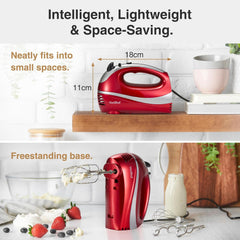 VonShef Hand Mixer Electric Whisk – 300W Food Mixer for Baking, 5 Speeds, Turbo Boost, Eject Button, 2 Beaters, 2 Hooks & Whisk – Red