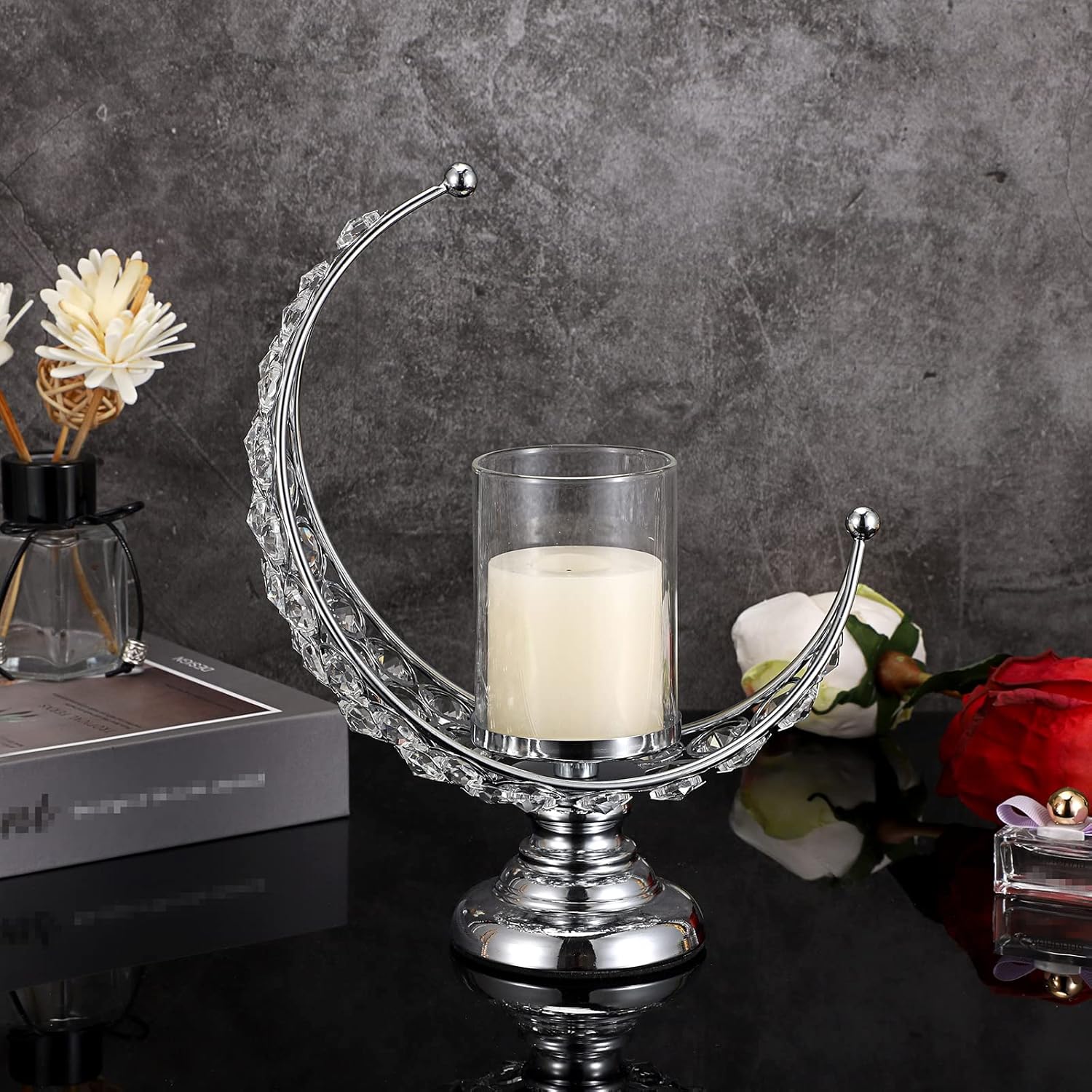 Moon Shape Crystal Tea Light Candle Holder with Detachable Shade – Silver Metal Table Centerpiece for Home, Wedding & Party Decor
