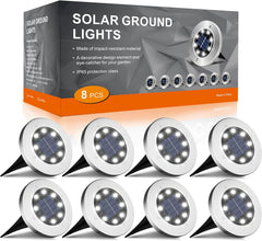 Solar Lights Outdoor Garden, Solar Ground Lights, IP65 Waterproof Solar Floor Lights Outdoor Garden, 8 LED Solar Disk Lights for Garden Lawn Pathway Patio Warm White 8 Pcs