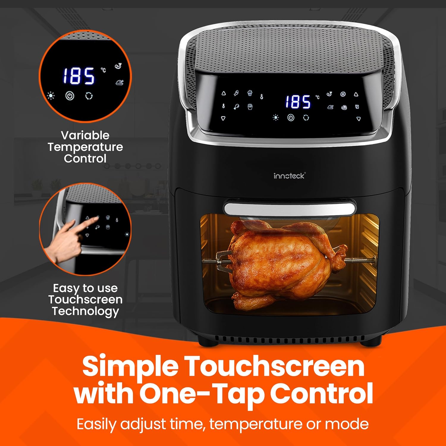 Innoteck 12L Digital Air Fryer Oven – 1800W, Rotisserie, 8 Presets, Touch Panel, Basket & Racks, Black & Silver