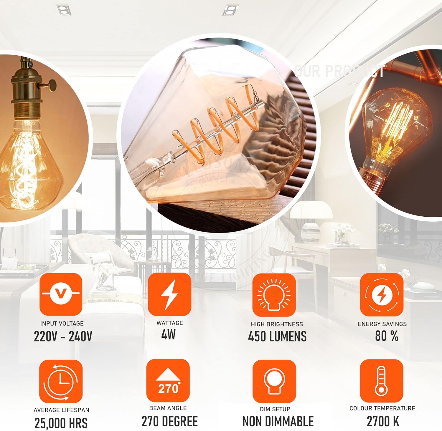 Vintage E27 Diamond LED Edison Bulb 4W Warm White 2 Pack