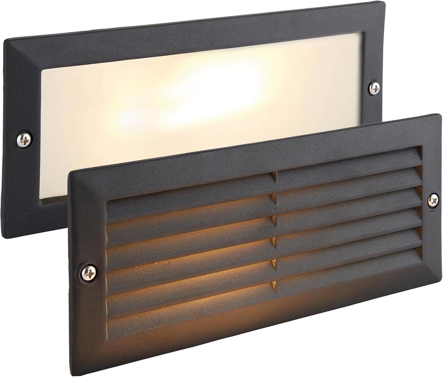 Outdoor Black Aluminium & Frosted Glass Brick Light with Grille and Plain Front Panels - IP44 Rated