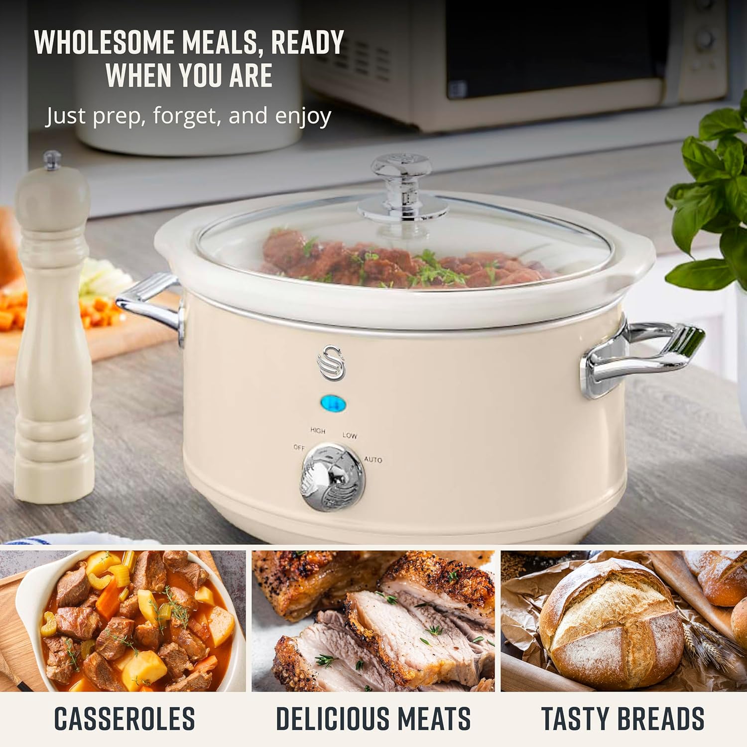 Swan Retro Cream 3.5L Slow Cooker with Keep Warm Function – 200W