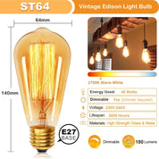 Vintage Edison light bulb with specifications and features on a white background