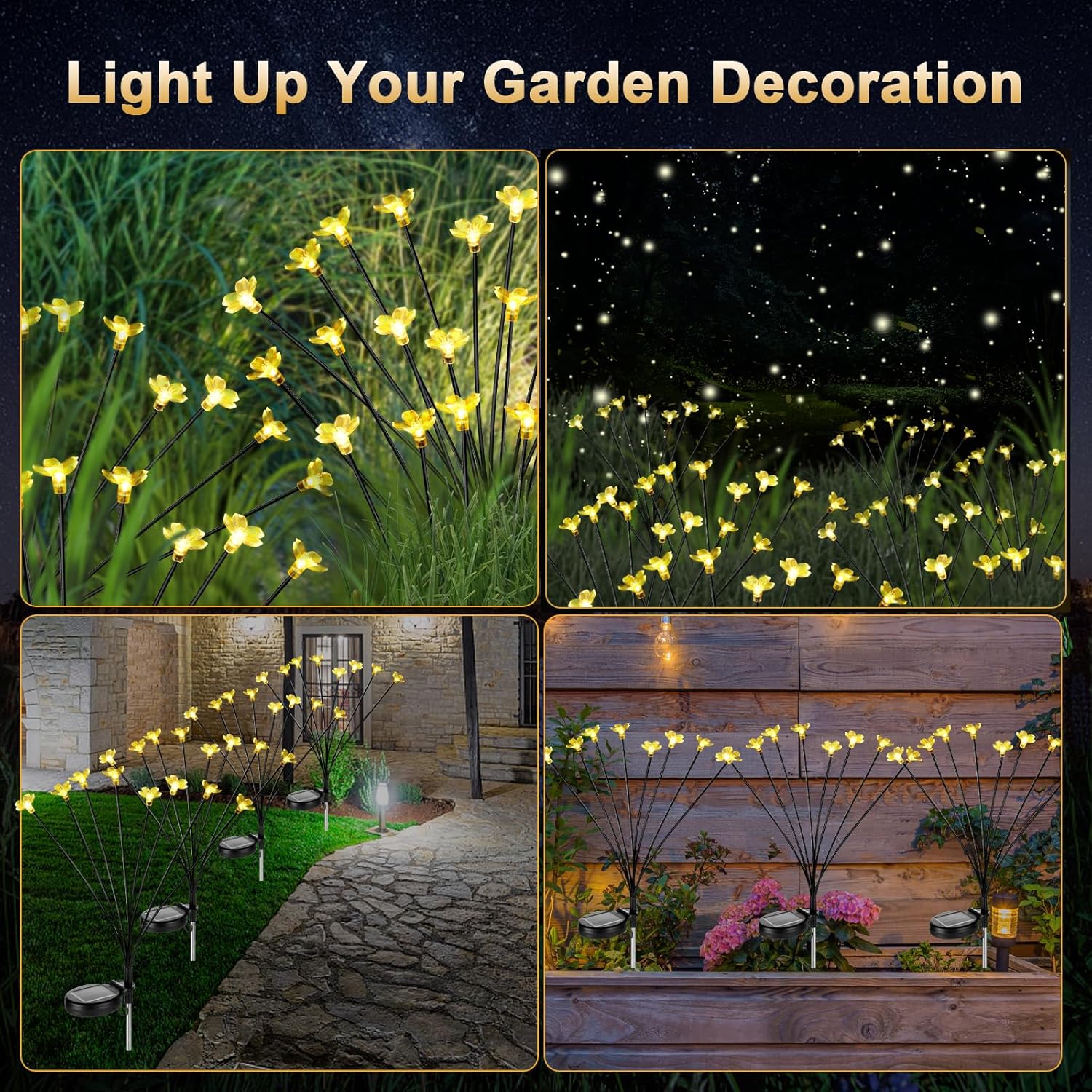 Solar Lights Outdoor Garden,4 Pack Flower Design Outdoor Lights with 32 Led Solar Lights,Swaying Solar Powered Garden Lights Waterproof for Garden,Yard,Pathway and Fence-Warm Light