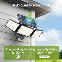 Solar-powered outdoor light fixture on a house exterior with text highlighting features.